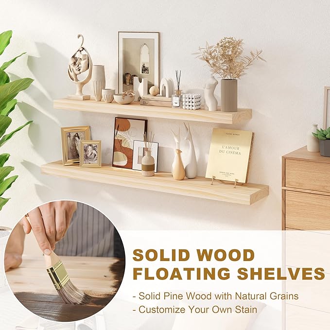 Fun Memories Floating Shelves, 9.3 Inch Deep Solid Pine Wood Wall Shelves for Storage, Wall Mounted Display Shelf with Invisible Heavy-Duty Metal Bracket, 48 Inch Width, Unfinished - DIY Stain