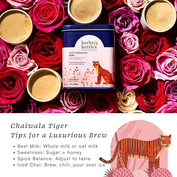 Herbs & Kettles Rose Cardamom Chai | Assam Black Tea with Rose Petals, Green Cardamom, Ginger, Cinnamon & Cloves | Floral Loose Leaf Blend | Makes 10–14 Servings | Premium Gift for Tea Lovers