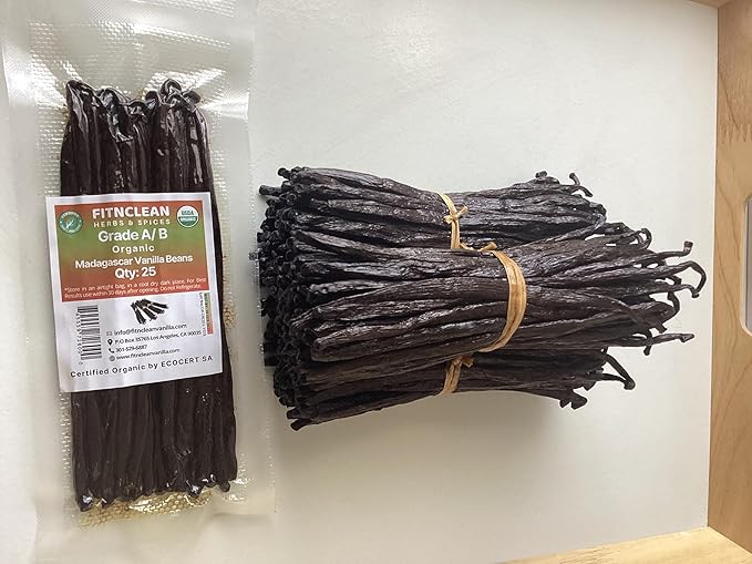 25 Organic Madagascar Vanilla Beans Grade A/B. Certified USDA Organic. Bulk for Extract and Everything Vanilla| 5"-7" Fresh Whole NON-GMO Bourbon Pods by FITNCLEAN VANILLA.