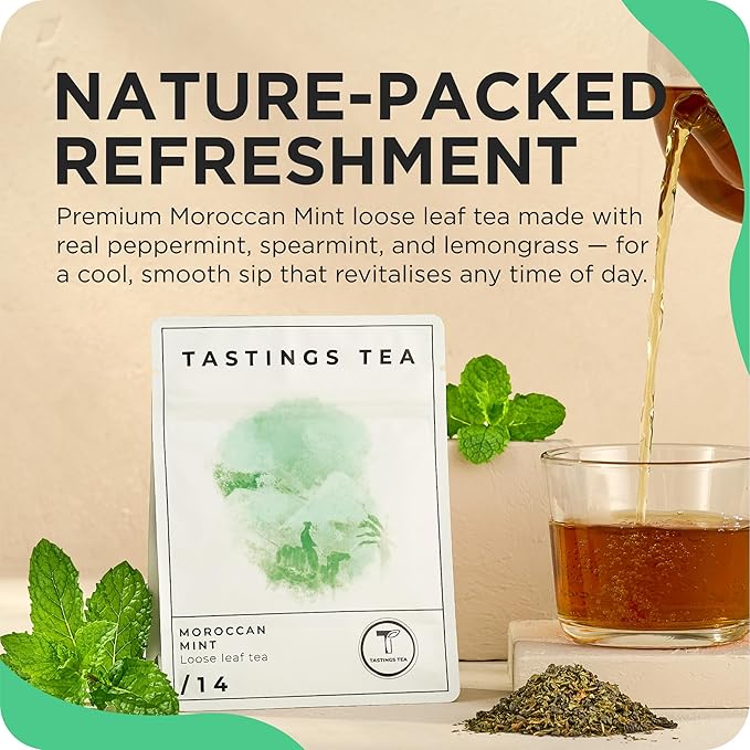 Tastings Tea Moroccan Mint Loose Leaf, 2 oz | Chinese Green Tea & Peppermint Blend | Light Caffeine | Crisp & Refreshing for Natural Digestion | Small Batch & Sustainably Sourced | Resealable Pouch