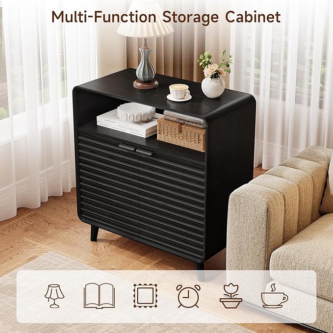 ONBRILL 31.5" Sideboard Buffet Cabinet with Storage, Curved Sideboard with 2 Wave Doors and Angled Side Frame, Small Storage Cabinet with Adjustable Shelves, Coffee Bar Cabinet for Dining Room, Blcak