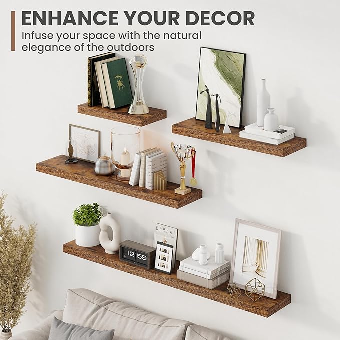 72 Inch Floating Shelves, 8 Inch Deep Floating Shelves for Wall, Hanging Shelf with Invisible Brackets, Deep Shelves for Bathroom, Bedroom, Living Room, Brown, Set of 1