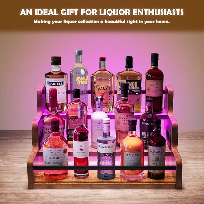 Liquor Bottle Display Shelf, Wine Bottle Display Rack with LED Stripe, 3-Tier Bar Shelf Stand, Whiskey Spirits Wine Holder for Tavern, Mini Bar, Liquor Cabinet, Coffee Syrup Organizer for Home(Brown)