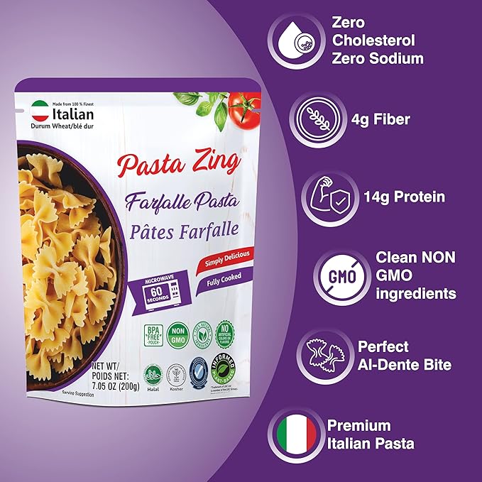 Pasta Zing Farfalle Pasta, Authentic Italian Al-Dente Texture, Ready in 1 Minute, 14g Protein 4g Fiber, Made with 100% Durum Wheat, Zero Sodium, Clean Label Shelf-Stable, 7.05 oz Pouch, Pack of 7