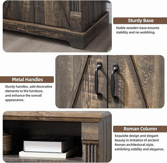 24" Farmhouse Storage Cabinet – Dark Rustic Oak Freestanding Buffet Sideboard with Barn Doors, Adjustable Shelf, Small Coffee Bar for Kitchen, Bathroom & Living Room