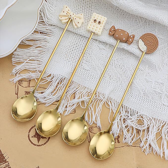 4-Piece Cute Cookie Gold Long Handle Coffee Spoons- 5.5" Teaspoons Stainless Steel Scoops for Coffee & Tea & Dessert Spoon, Perfect for Coffee Stirrers Small Tableware(Gift Packing#B)