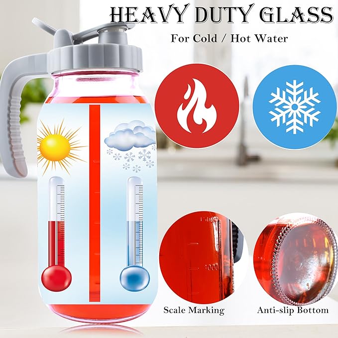 64 Oz Mason Jar Pitcher With Lid Wide Mouth Half Gallon Glass Pitchers 2 Quart Cold Hot Water Jug For Coffee,Lemonade, Iced Tea,Homemade Drinks,Milk,Juice Storage Container For Refrigerator