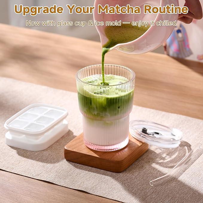 Matcha Whisk Set – Crystalline Glaze Bowl, Bamboo Whisk & Holder, Scoop & Sifter with Holder, Cup with Lid & Straw, Ice Cube Tray & Tea Towel – Pink Matcha Gift Set for Women, Christmas Gifts