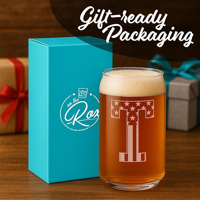 Monogram Beer Glasses for Men (A-Z) 16 oz - Beer Gifts for Men Brother Son Dad Neighbor - Unique Gifts for Him - Personalized Drinking Gift Beer Glass Mugs - Engraved Beer Can Glass (T)