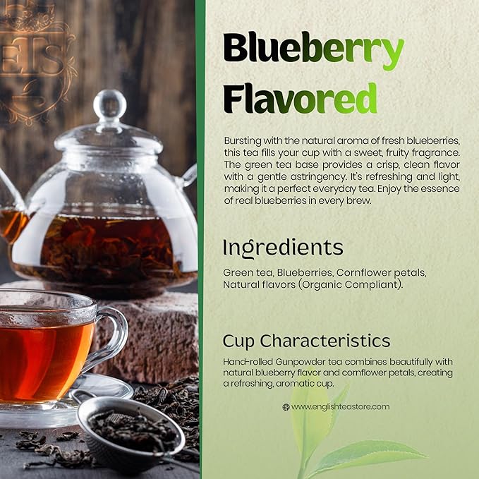 Blueberry Flavored Green Tea | Loose Leaf Gunpowder Tea - 16oz Resealable Pouch | Pekoe Grade | Fruity Sweet Aroma | Great Hot or Iced | Refreshing Berry Blend | Sri Lanka Uva Region