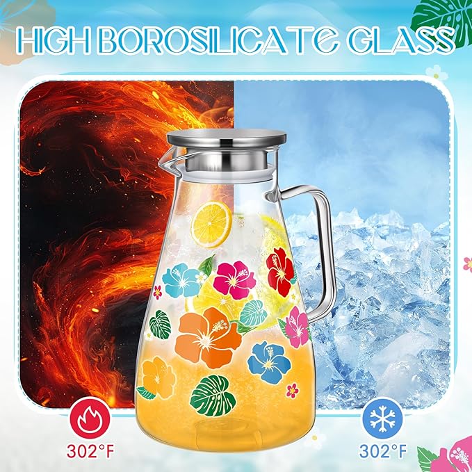 Domensi 74 oz / 2200 ml Glass Pitcher with Lid Water Pitcher with Handles Beverage Water Jar Glass Jug Hot and Cold Resistant Carafe for Tea Juice Milk Coffee Iced Beverage(Hawaiian Flowers)