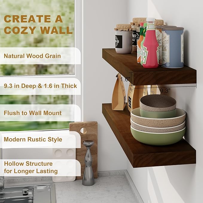 Fun Memories Floating Shelves, 9.3'' Deep Solid Pine Wood Wall Shelves for Storage, Wall Mounted Display Shelf with Invisible Heavy-Duty Metal Bracket, 36'' Width Set of 2, Walnut