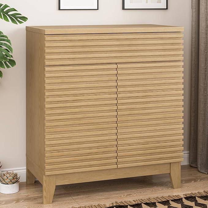 Fluted Coffee Bar Cabinet, Natural Storage Cabinet with 2 Doors and Drawer, Buffet Sideboard with Adjustable Shelves, Floor Storage Cabinets for Kitchen, Living Room, Dining Room