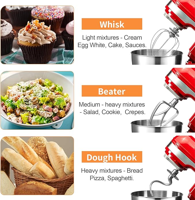 4.8QT Stand Mixer, 12-Speed Electric Kitchen Mixer with Tilt-Head, Stainless Steel Bowl, Egg Whisk, Dough Hook & Beater – Lightweight, Compact for Small Kitchens (Red)