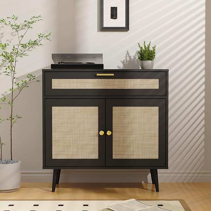 Rattan Sideboard Buffet, Boho Kitchen Cabinet with Drawer & 2 Doors, Modern Mid Century Accent Cabinet with Adjustable Shelf, Coffee Bar for Living Room, Entryway, Kitchen, Black