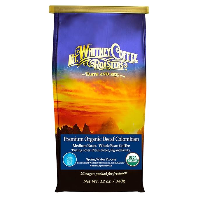 Mt. Whitney Premium Organic Spring Water Colombian, Medium Dark Roast, Low Acid, Decaf Coffee (Whole Bean, 12 Oz)