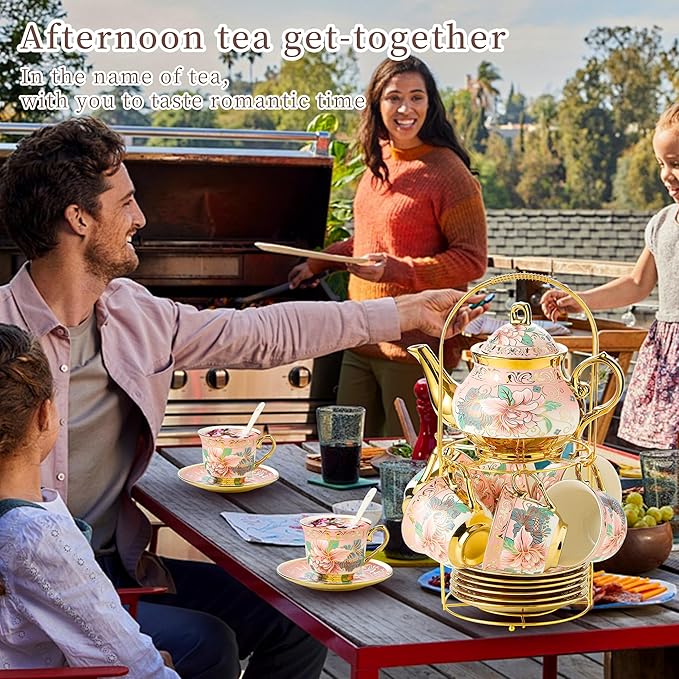 20 Pieces Porcelain Tea Set With Metal Holder, European Ceramic tea set for adults,Flower Tea Set,Tea Set For Women With Flower Painting (Large version, Pink)