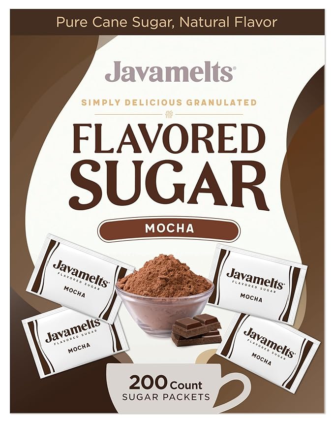 Javamelts Mocha Flavored Sugar Packets | Pure Cane Sugar for Baking, Coffee Syrup Substitute, Cocktails, Tea | Non GMO, Non Dairy, Gluten Free, Kosher | 200 Bulk Sugar Packets