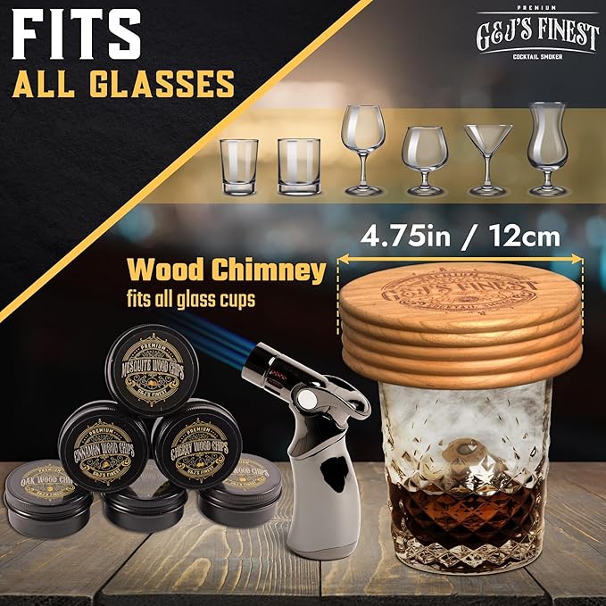 Whiskey Smoker Kit | Cocktail Smoker Kit| Bourbon Smoker Kit| Old Fashioned Smoker Kit with Quad Flame Torch, 6 Wood Chips & Wooden Box for Smoking Drinks| Whiskey Gift for Men (No Butane Incl.)