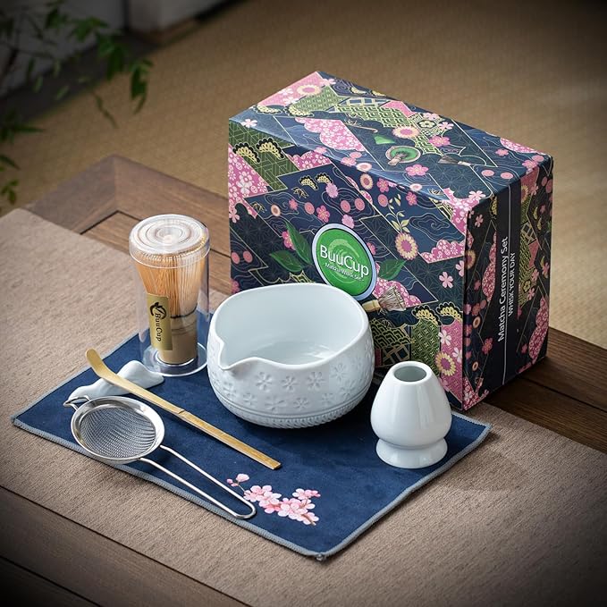 Matcha Whisk Set, Ceramic Matcha Kit Set Includes Matcha Bowl, Matcha Whisk and Holder, Bamboo Scoop, Scoop Rest, Sifter and Tea Towel - 7 Pcs Matcha Kit for Matcha Lovers(White)
