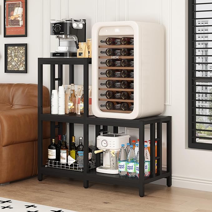 Mini Fridge Stand with Storage, Black Coffee Bar Cabinet with Mini Fridge Space, Microwave Stand and Bakers Rack for Kitchen, Dorm, Office, Home Beverage Station Organizer