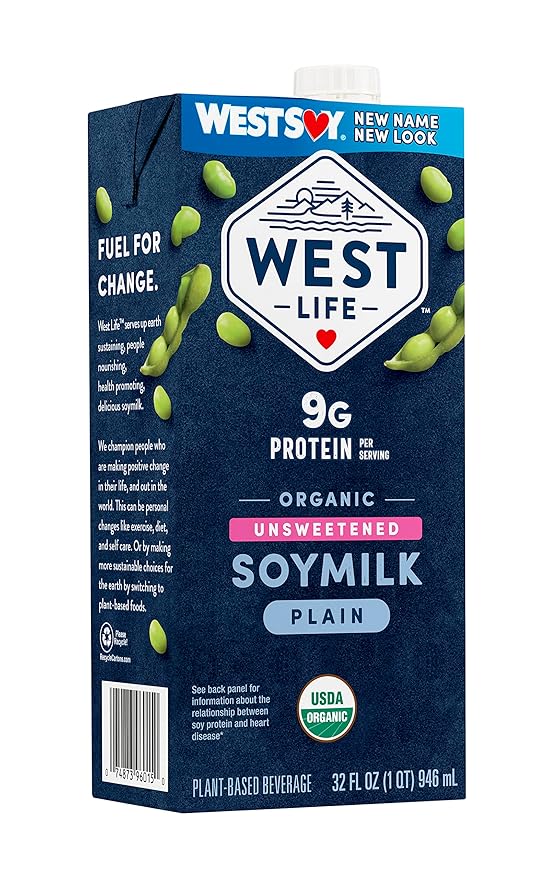 West Life Organic Soy Milk, Unsweetened Plain, Low Sugar, 9g of Protein, Vegan Dairy Alternative, Lactose-Free, Shelf Stable, 32oz (Pack of 12)