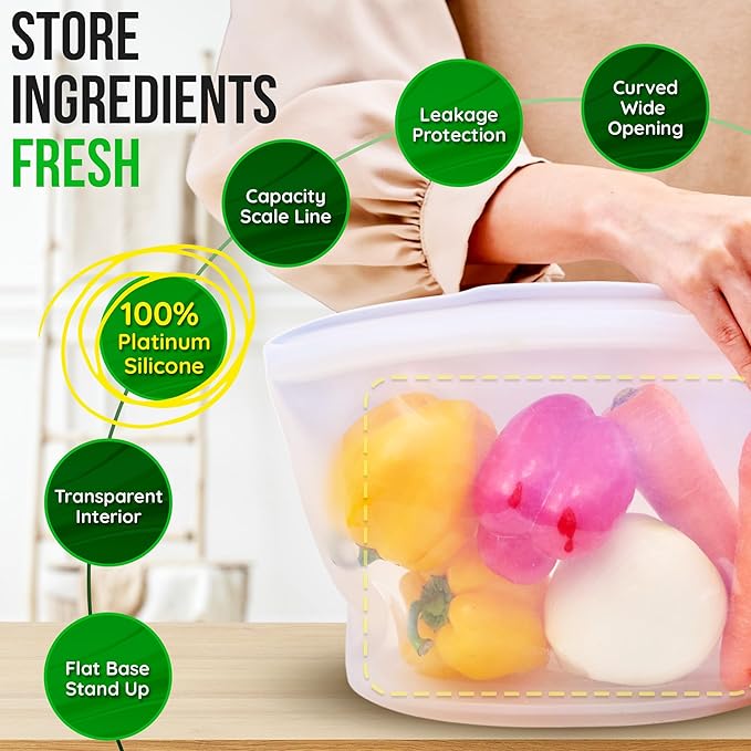 Premium Platinum Silicone Reusable Food Storage Bag 2.1 Cup (17 fl oz), Airtight Zip Lock Bags for Food, BPA-Free Silicone Freezer Bags, Microwave Safe Sous Vide Container, Dry Rose