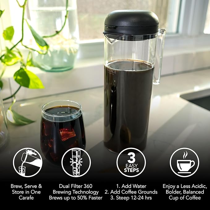 VINCI Cold Brew 360, Plastic Cold Brew Coffee Maker Featuring Patented Dual Filter 360 Brewing Technology, Cold Brew for Iced Coffee (1.4 Liter / 47 FL.OZ)