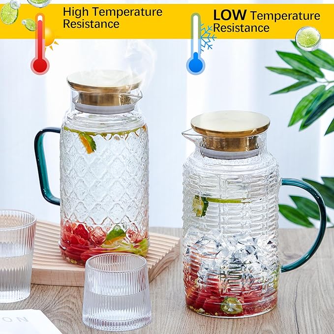 Hsei 2 Pack Glass Pitcher with Lid,68 Oz/2l Vintage Water Pitcher, Large Retro Clear Borosilicate Glass Water Carafe for Cold Brew, Lemonade, Iced Tea, Coffee, Beverage, Heat Resistant Jug
