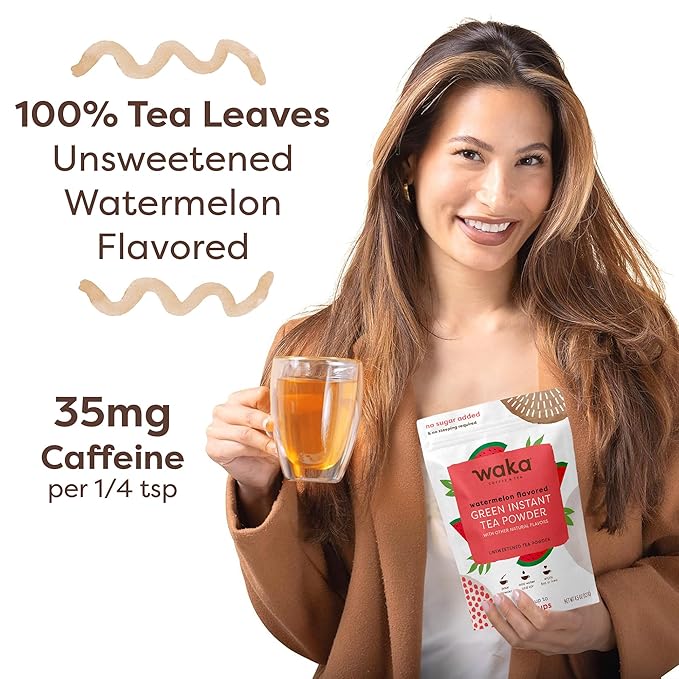 Waka Instant Green Tea Mix, Watermelon Flavored - 100% Tea Leaves, No Additives, Unsweetened Tea Powder in Bulk Pouch – Easy Quick Hot and Iced Teas, Up to 200 Cups (4.5oz)