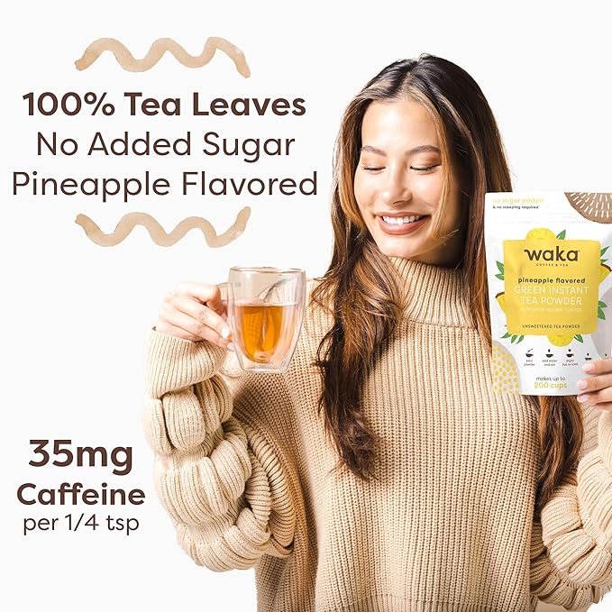 Waka Instant Green Tea Mix, Pineapple Flavored - 100% Tea Leaves, No Additives, Unsweetened Tea Powder in Bulk Pouch – Easy Quick Hot and Iced Teas, Up to 200 Cups (4.5oz)