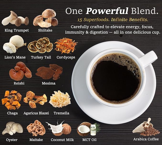 DLNIA Instant Organic Mushroom Coffee with 12 Adaptogenic Mushrooms, Arabica Beans, Coconut Milk & MCT Oil | Cordyceps, Lion’s Mane & Turkey Tail Instant Coffee for Better Energy, Focus, Digestion, Immunity
