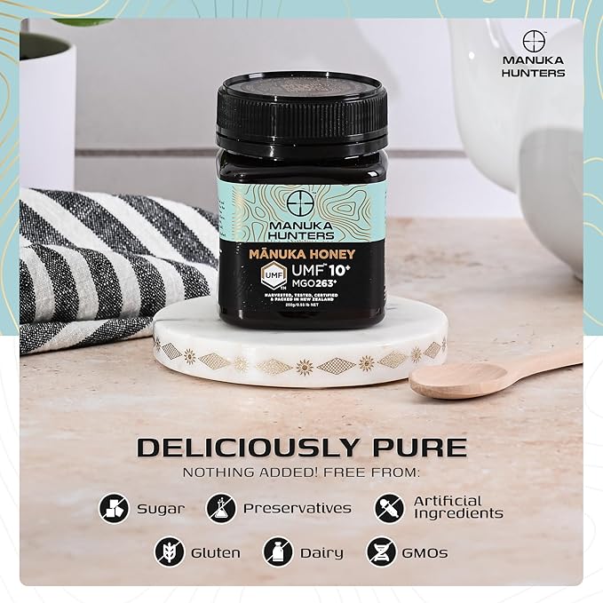 Manuka Hunters UMF 10+/MGO 263+ Certified New Zealand Manuka Honey - 100% Pure Natural Sweetener - Gluten, Dairy Free - Ideal for Tea, Coffee, Smoothies, and Baking - Sustainable - 8.8oz/250g Jar