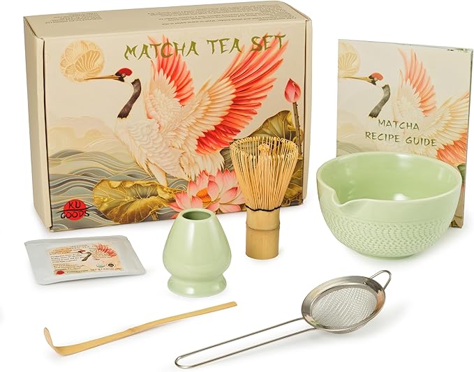 Matcha Whisk Set, Ceramic Bowl with Spout, Bamboo Whisk, Ceremonial Matcha Powder, Recipe Guide, Sifter, Holder, Scoop, Matcha Kit for Tea Lovers, Gift Box (Green)