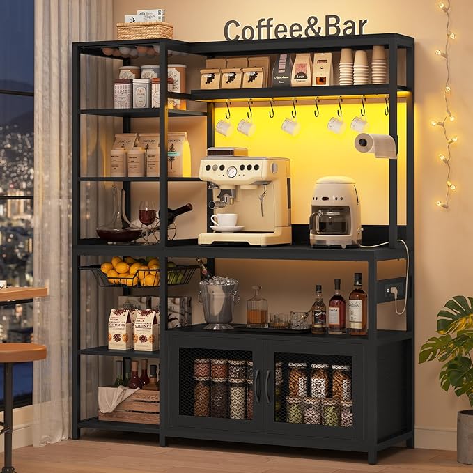 47.2 in Bakers Rack with Power Outlet & LED Light, Coffee Bar with Coffee Pod Holder for Vetuo, Kitchen Microwave Stand with Storage Shelves, Paper Holder, Cabinet, Wire Basket, 8 Hooks (Black)