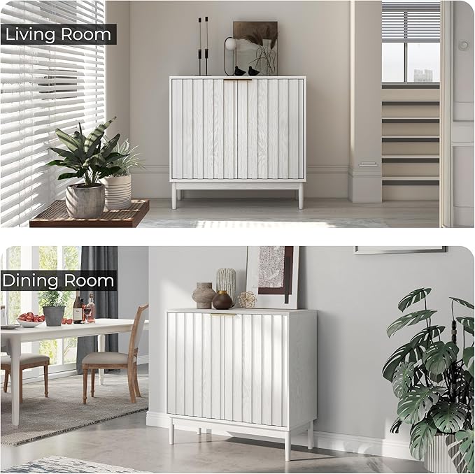 Fluted Cabinet with Storage, Buffet Cabinet Sideborad with 2 Doors, White Buffet Storage Accent Cabinets with Adjustable Shelves for Living Room, Entry, Hallway, Kitchen