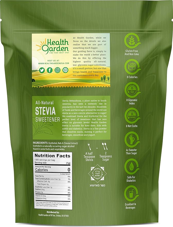 Health Garden Stevia Sweetener Powder - 4:1 Sugar Substitute - All Natural - Gluten Free - Keto Friendly - Tastes Like Sugar (2 lbs)