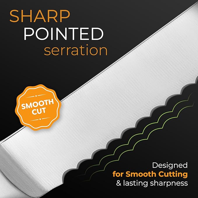 Orblue Serrated Bread Knife with Upgraded Stainless Steel Razor Sharp Wavy Edge Width - Bread Cutter Ideal for Slicing Homemade Bread, Bagels, Cake (8-Inch Blade with 5-Inch Handle) Orange
