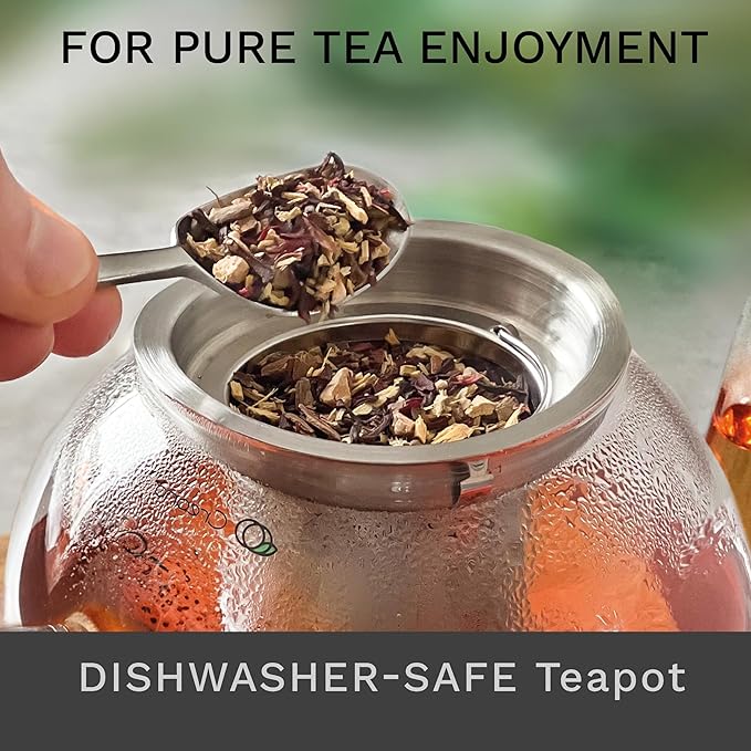 Creano glass teapot 34oz (1000ml), tea maker with integrated stainless steel strainer and glass lid, ideal for preparing loose teas, drip-free, all-in-one
