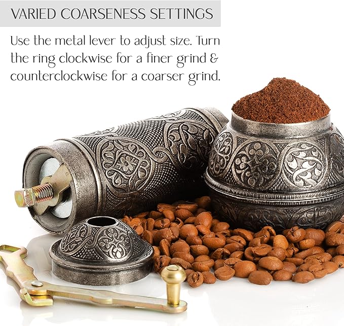 Crystalia Refillable Coffee Grinder, Authentic Manual Mill with Adjustable Grinder, Metal Coffee Mill with Handle, Antique Coffe Grinder with Hand Crank, Adjustable Coarseness