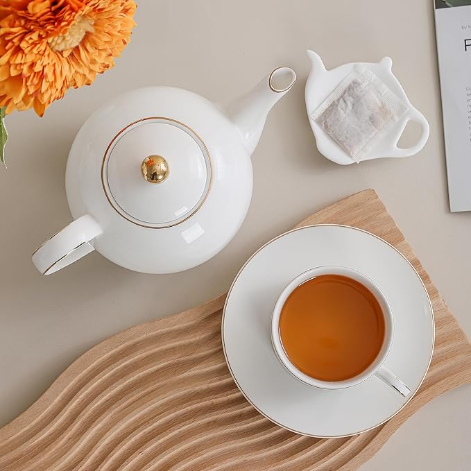 Classic White Porcelain 6.6oz Tea Cup and Saucer Set - 8 pieces cups and Saucers Set with gold trim, Elegant and Versatile for Daily Use, Gift