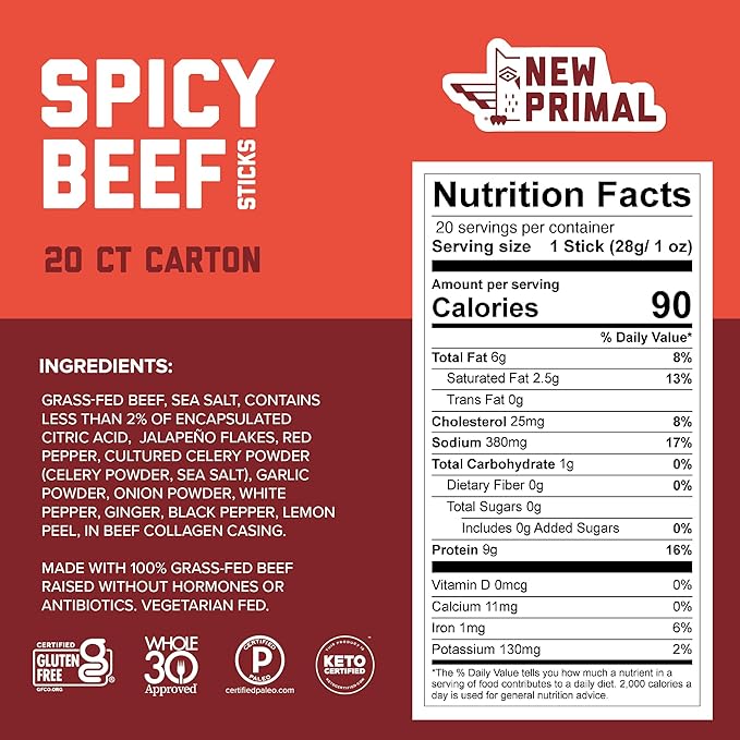 The New Primal Grass-Fed Spicy Beef Sticks, Keto, Gluten Free Healthy Snacks for Adults, Sugar Free Low Carb High Protein Snack, Paleo Whole30 Jerky Stick, 9g Protein, 20 Ct