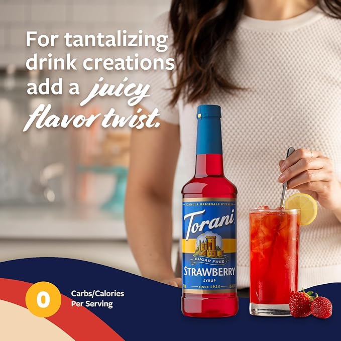 Torani Sugar Free Syrup, Strawberry, Zero-Calorie Flavoring for Drinks, Pump Included, 25.4 Oz
