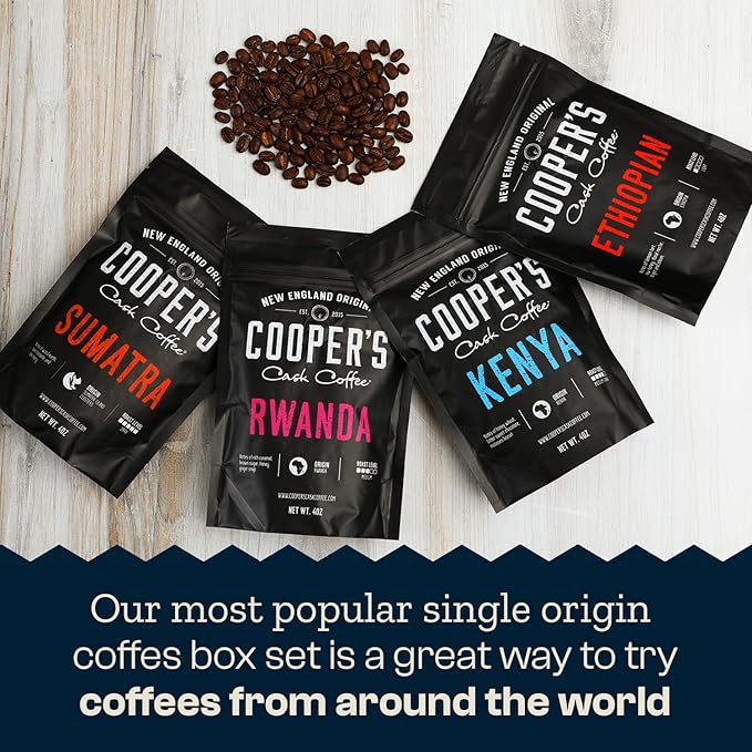 Gourmet Coffee Sampler Gift Box Set, Roasted Coffee Beans, Sumatra Dark, Kenya AA Medium-Dark, Rwanda Medium, Natural Ethiopian Light, Whole Bean, 4 Bags, 16 oz Total