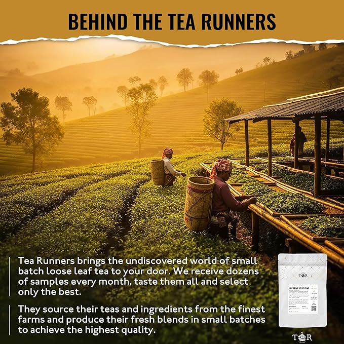 Tea Runners Lapsang Souchong Organic Whole Leaf Black Tea – Small Batch, Smoked Over Pinewood for Bold, Complex Flavor – Premium Fujian China Loose Leaf Tea, High Caffeine - 5 oz