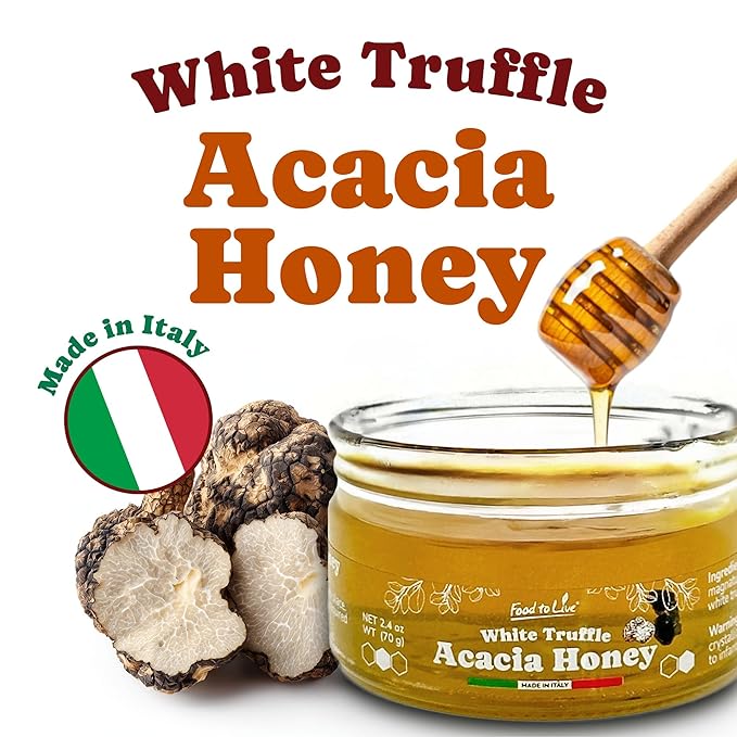 Food To Live White Truffle Acacia Honey, 70gr – Gourmet Flavored Honey, Perfect Pairing for Cheese, Poultry, and Fine Dining, Artisan Crafted Premium Delicacy (Pack of 1)