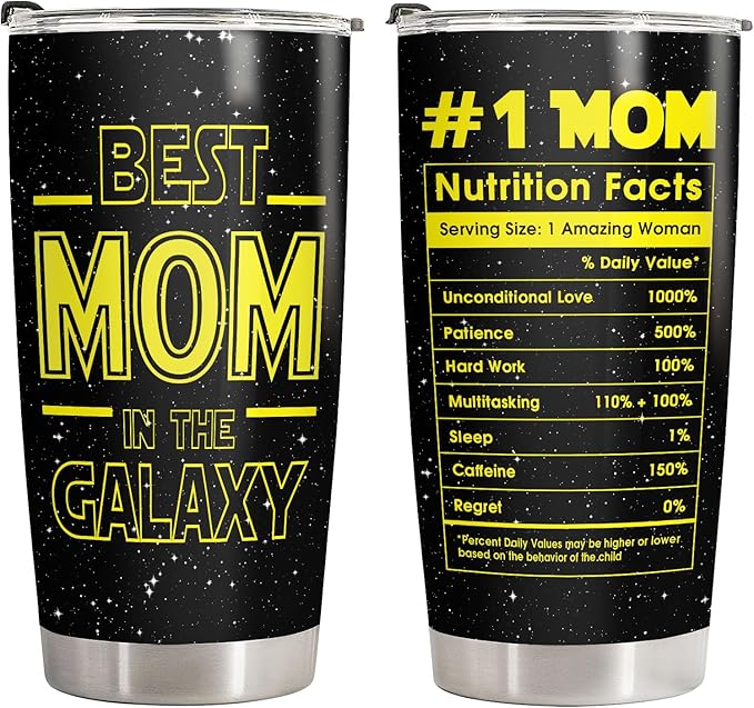 34HD Best Mom In The Galaxy Tumbler with Lid, 20oz Stainless Steel Mama Coffee Mug with Nutrition Facts, Star Inspirational Gifts from Son Daughter, Mom Gifts for Birthday, Mothers Day, Christmas