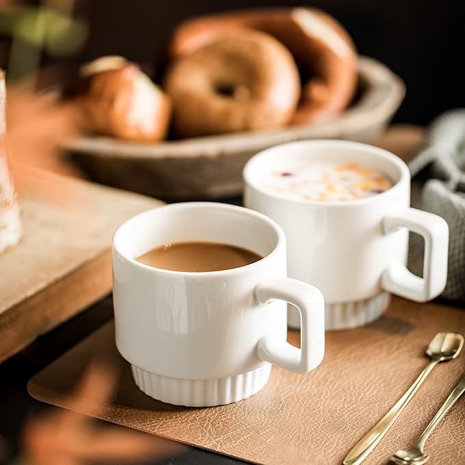 Coffee Mugs Set of 4, Stackable Coffee Cups with Holder Spoons 11oz Ceramic Espresso Cup for Cappuccino Latte Tea Drinks, Dishwasher & Microwave Safe, White