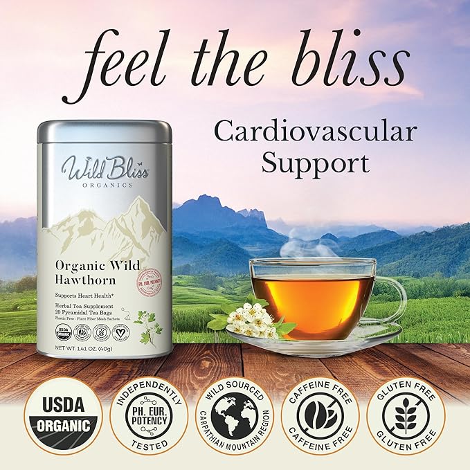 Wild Bliss Organic Wild Hawthorn Leaf & Flower - Caffeine Free Herbal Tea - Heart Health Support - 20 Plant Based Tea Bags