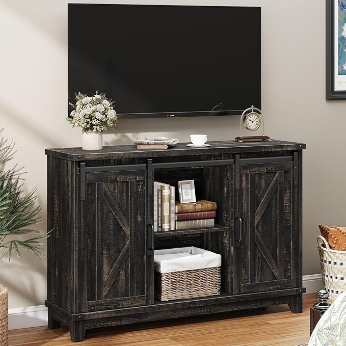 Vabches 6 Cube Storage Organizer, Farmhouse Bookshelf with Sliding Doors & 3 Adjustable Shelves Wooden Coffee Bar Buffet Cabinet 2-Tier Cabinet Rack for Bedroom, Living Room, Office (Dark Brown)